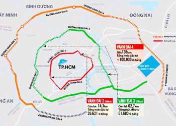 Dự án đường Vành đai 4 TP.HCM (màu cam) đi qua 5 tỉnh, thành vùng Đông Nam Bộ với tổng chiều dài gần 207 km
