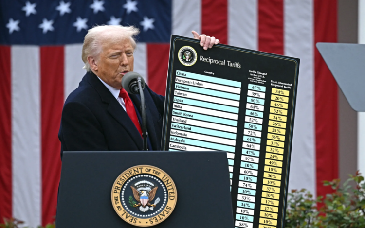 Nhà Trắng phản đối gay gắt phán quyết tòa Mỹ chặn đòn thuế của ông Trump. Tổng thống Mỹ Donald Trump công bố bảng thuế đối ứng tại Nhà Trắng ngày 2/4. Ảnh: AFP